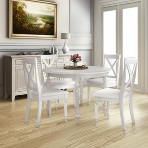 HomeRoots Five Piece White Wood Dining Set: Elegant Table & 4 Upholstered Chairs for Modern Dining Spaces 569342