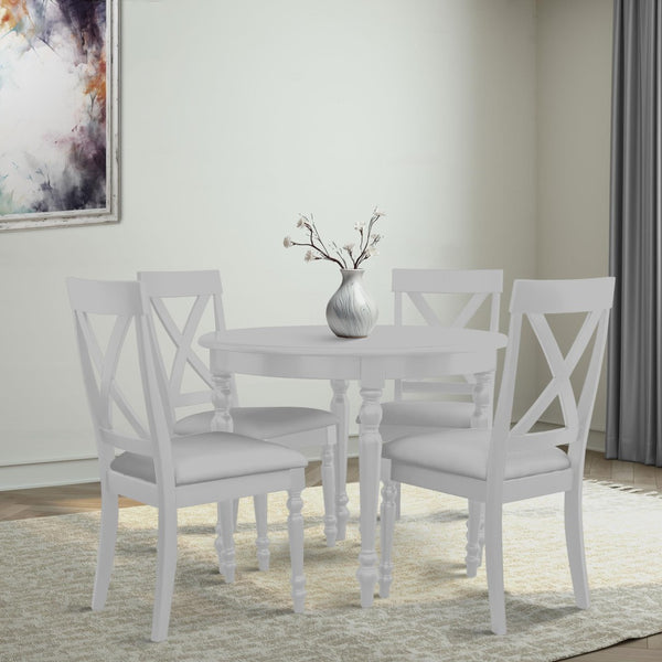 HomeRoots Five Piece White Wood Dining Set: Elegant Table & 4 Upholstered Chairs for Modern Dining Spaces 569342