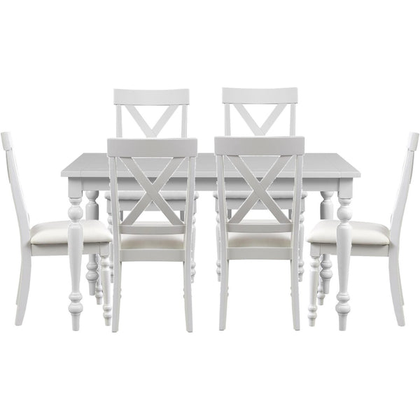 HomeRoots Seven Piece White Wood Dining Set: Stylish Table & 6 Chairs for Modern Dining & Entertaining 569343