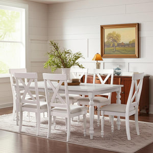 HomeRoots Seven Piece White Wood Dining Set: Stylish Table & 6 Chairs for Modern Dining & Entertaining 569343
