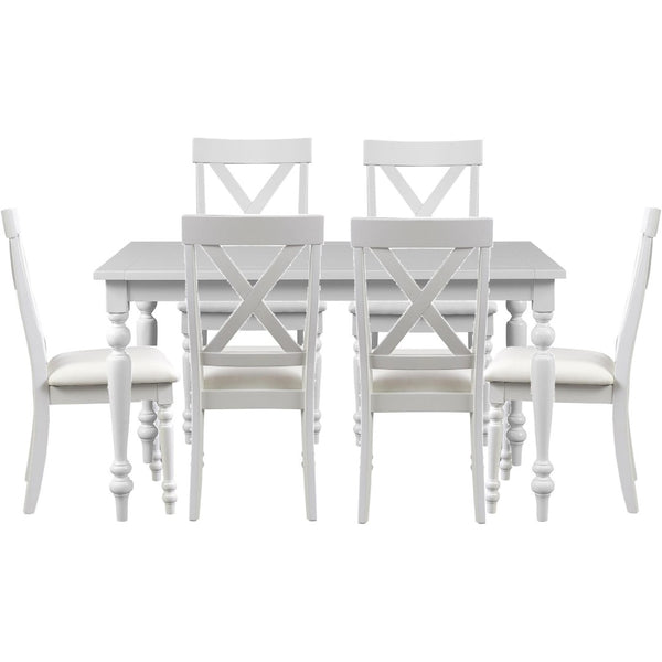 HomeRoots Seven Piece White Wood Dining Set: Stylish Table & 6 Chairs for Modern Dining & Entertaining 569343