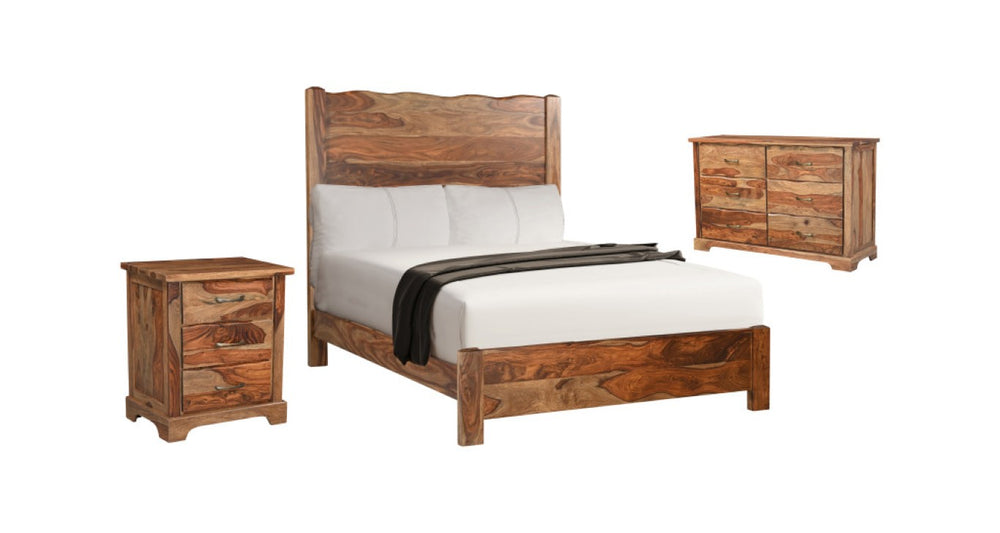 HomeRoots Three Piece Solid Wood Bedroom Furniture Set with Rich Brown Finish for a Classic Suite 569386