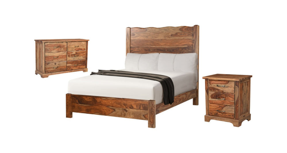 HomeRoots Three Piece Solid Wood Bedroom Furniture Set with Rich Brown Finish for a Classic Suite 569386