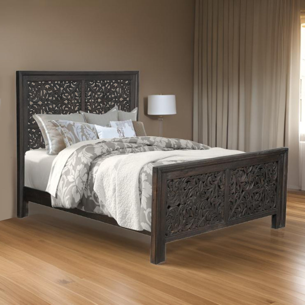 Homeroots Gray Carved Scrollwork Distressed Solid Wood Queen Bed Frame  Solid Wood 569401