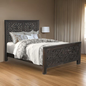 Homeroots Gray Carved Scrollwork Distressed Solid Wood Queen Bed Frame  Solid Wood 569401