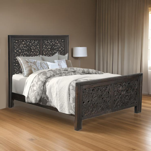 Homeroots Gray Carved Scrollwork Distressed Solid Wood Queen Bed Frame  Solid Wood 569401