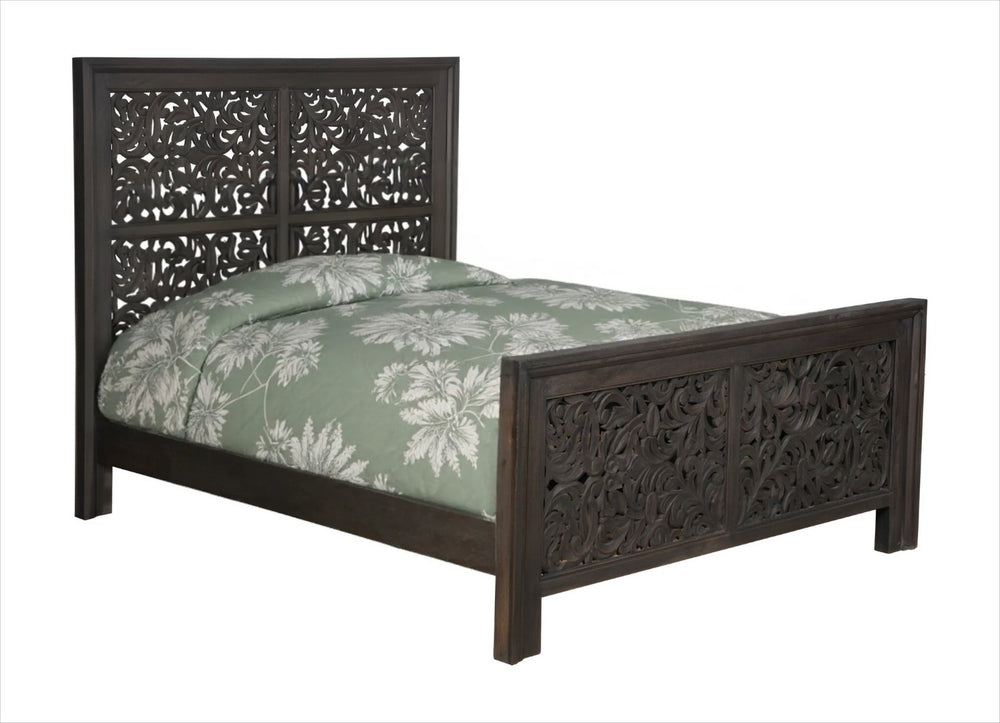 HomeRoots Gray Carved Scrollwork Queen Bed Frame - Distressed Solid Wood Design for Rustic & Vintage Styles 569401