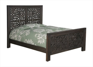 HomeRoots Gray Carved Scrollwork Queen Bed Frame - Distressed Solid Wood Design for Rustic & Vintage Styles 569401