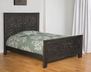 HomeRoots Gray Carved Scrollwork Queen Bed Frame - Distressed Solid Wood Design for Rustic & Vintage Styles 569401