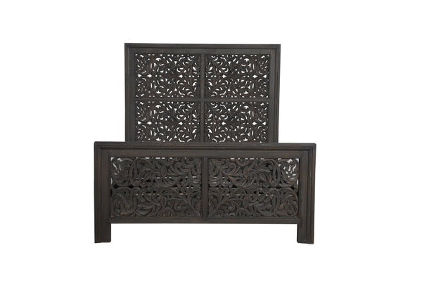 Homeroots Gray Carved Scrollwork Distressed Solid Wood Queen Bed Frame  Solid Wood 569401