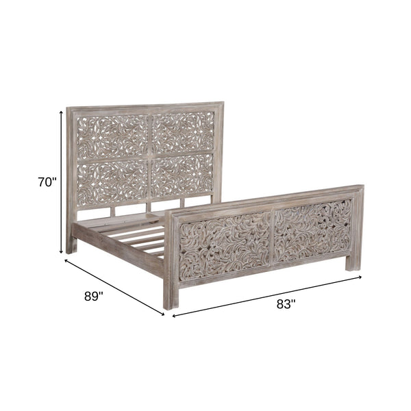 Homeroots Black Carved Scrollwork Distressed Solid Wood King Bed Frame  Solid Wood 569402