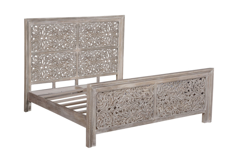 Homeroots Black Carved Scrollwork Distressed Solid Wood King Bed Frame  Solid Wood 569402