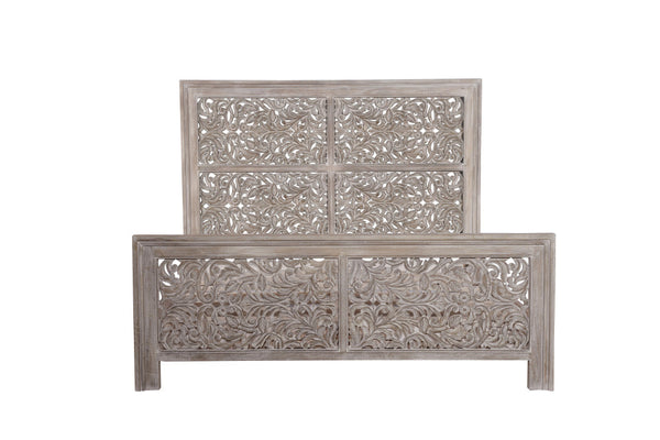 Homeroots Black Carved Scrollwork Distressed Solid Wood King Bed Frame  Solid Wood 569402