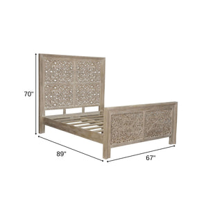 Homeroots Gray Carved Scrollwork Distressed Solid Wood Queen Bed Frame  Solid Wood 569403