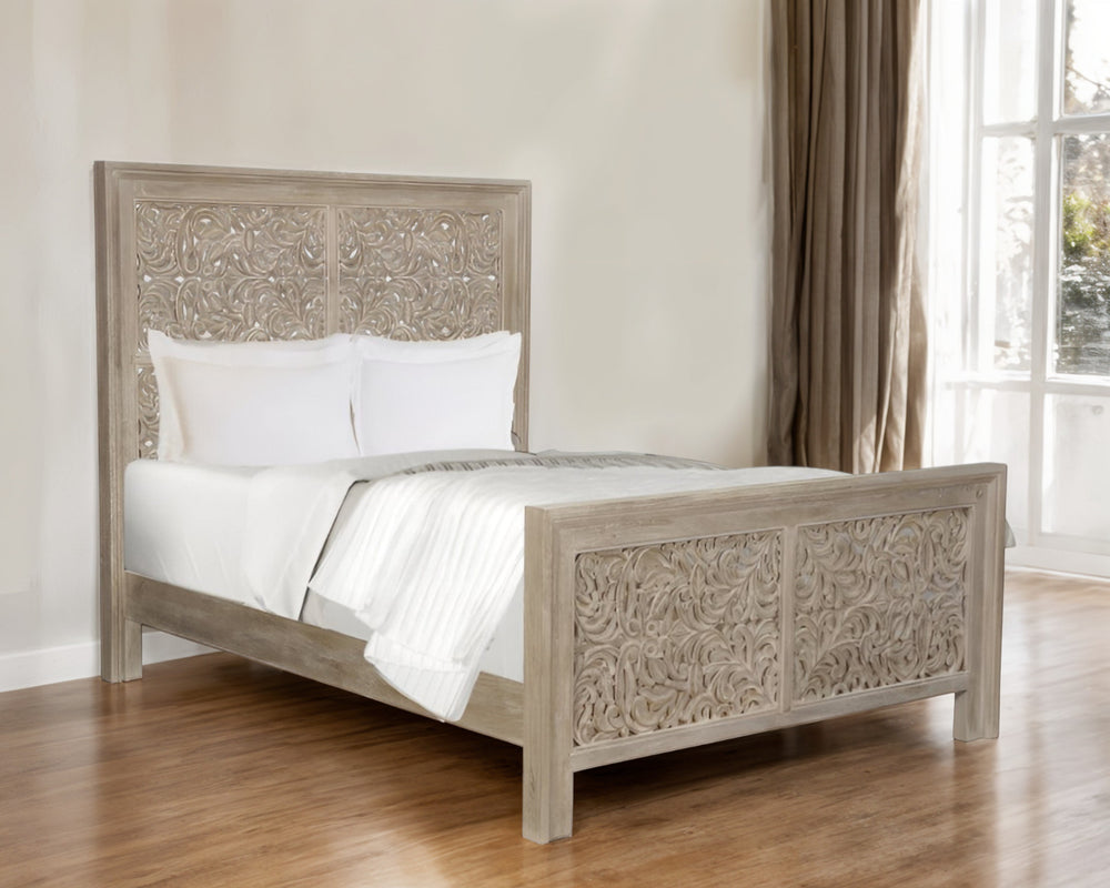 Homeroots Gray Carved Scrollwork Distressed Solid Wood Queen Bed Frame  Solid Wood 569403
