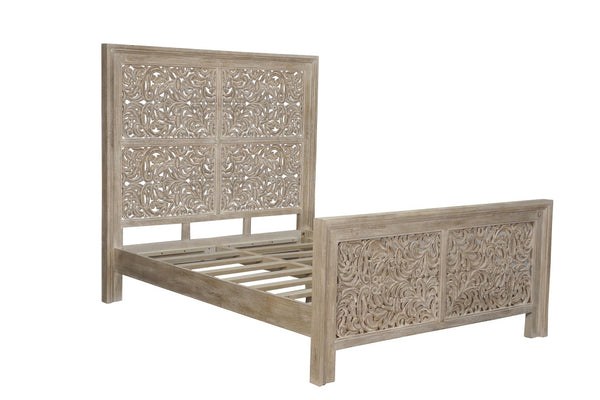 Homeroots Gray Carved Scrollwork Distressed Solid Wood Queen Bed Frame  Solid Wood 569403