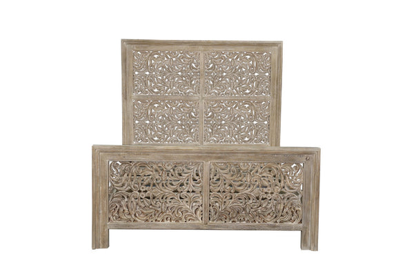 Homeroots Gray Carved Scrollwork Distressed Solid Wood Queen Bed Frame  Solid Wood 569403