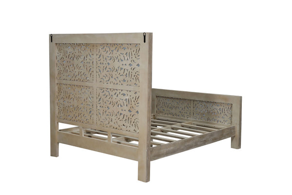 Homeroots Gray Carved Scrollwork Distressed Solid Wood Queen Bed Frame  Solid Wood 569403