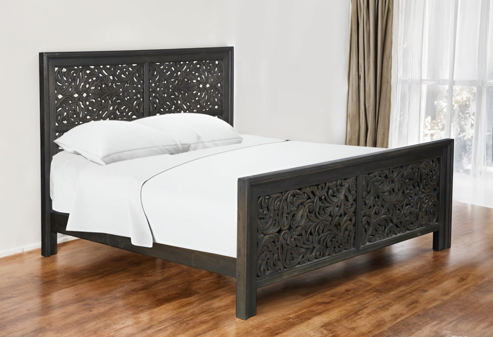 Homeroots Black Carved Scrollwork Distressed Solid Wood King Bed Frame  Solid Wood 569404
