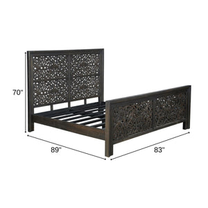 Homeroots Black Carved Scrollwork Distressed Solid Wood King Bed Frame  Solid Wood 569404