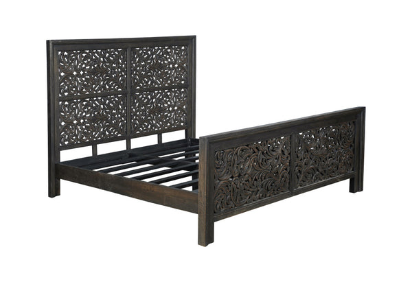 Homeroots Black Carved Scrollwork Distressed Solid Wood King Bed Frame  Solid Wood 569404