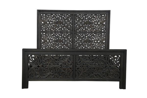 Homeroots Black Carved Scrollwork Distressed Solid Wood King Bed Frame  Solid Wood 569404