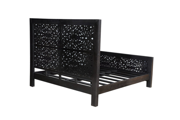 Homeroots Black Carved Scrollwork Distressed Solid Wood King Bed Frame  Solid Wood 569404
