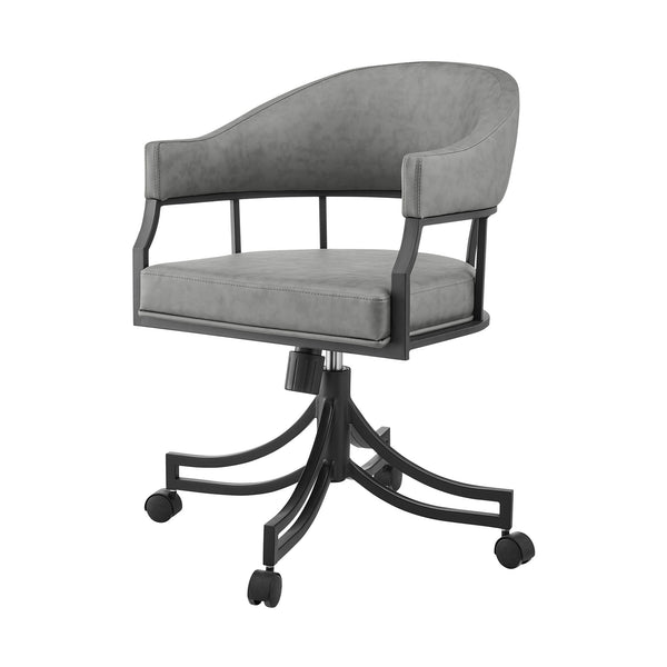 Homeroots Gray And Black Upholstered Faux Leather Open Back Dining Arm Chair With Wheels  Metal 569405