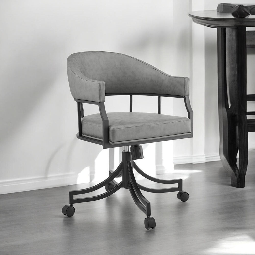 Homeroots Gray And Black Upholstered Faux Leather Open Back Dining Arm Chair With Wheels  Metal 569405