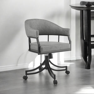 Homeroots Gray And Black Upholstered Faux Leather Open Back Dining Arm Chair With Wheels  Metal 569405