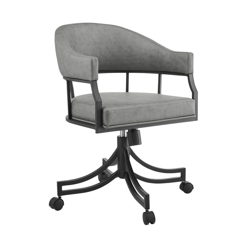 Homeroots Gray And Black Upholstered Faux Leather Open Back Dining Arm Chair With Wheels  Metal 569405