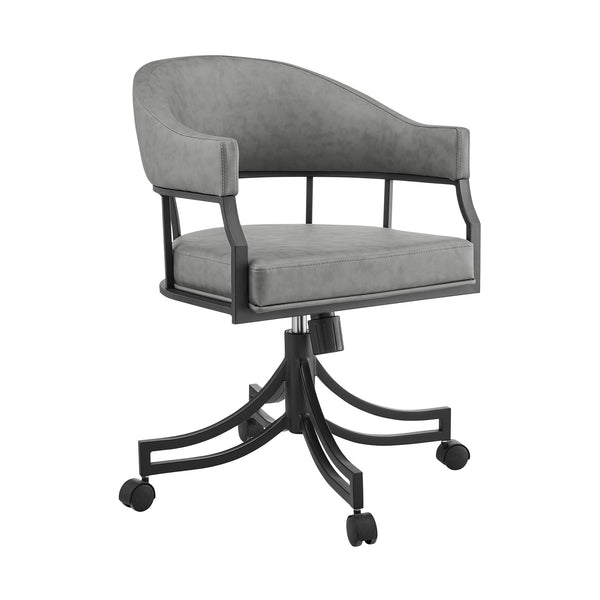 Homeroots Gray And Black Upholstered Faux Leather Open Back Dining Arm Chair With Wheels  Metal 569405