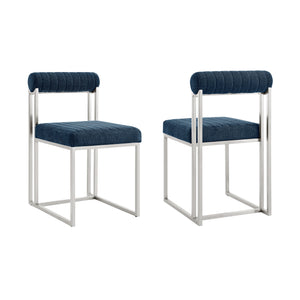 Homeroots Set Of Two Blue And Silver Upholstered Polyester Open Back Dining Side Chairs  Metal 569419