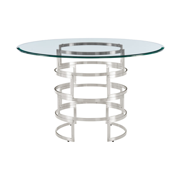 Homeroots 48" Clear And Silver Glass And Stainless Steel Pedestal Base Round Top Dining Table   569428