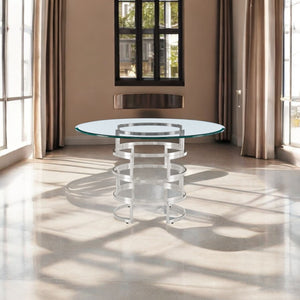 Homeroots 48" Clear And Silver Glass And Stainless Steel Pedestal Base Round Top Dining Table   569428