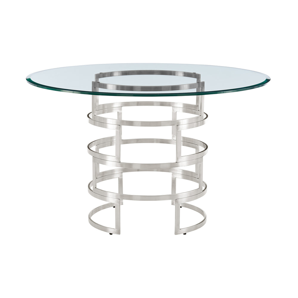 Homeroots 48" Clear And Silver Glass And Stainless Steel Pedestal Base Round Top Dining Table   569428