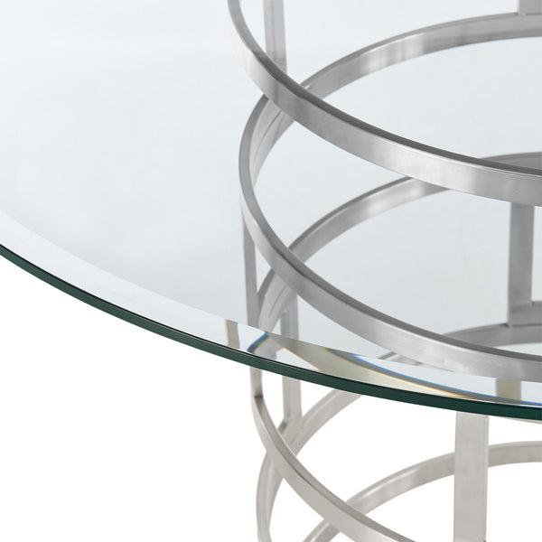 Homeroots 48" Clear And Silver Glass And Stainless Steel Pedestal Base Round Top Dining Table   569428