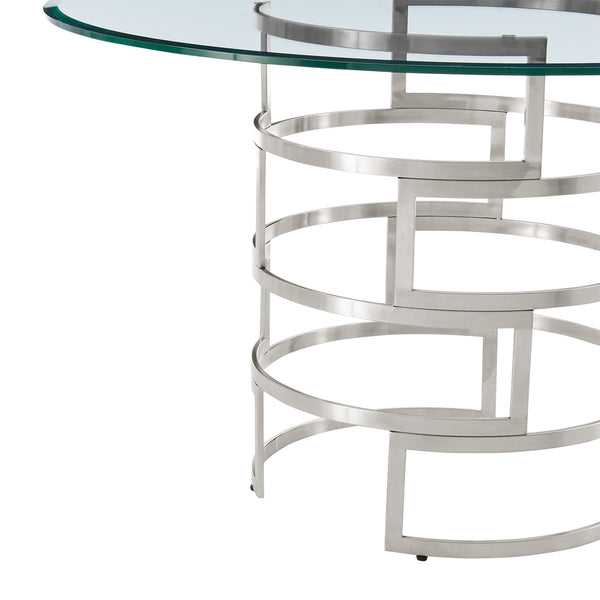 Homeroots 48" Clear And Silver Glass And Stainless Steel Pedestal Base Round Top Dining Table   569428