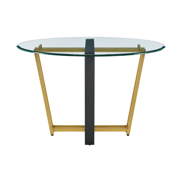 Homeroots 48" Clear And Gold Glass And Iron Sled Base Round Top Dining Table   569432