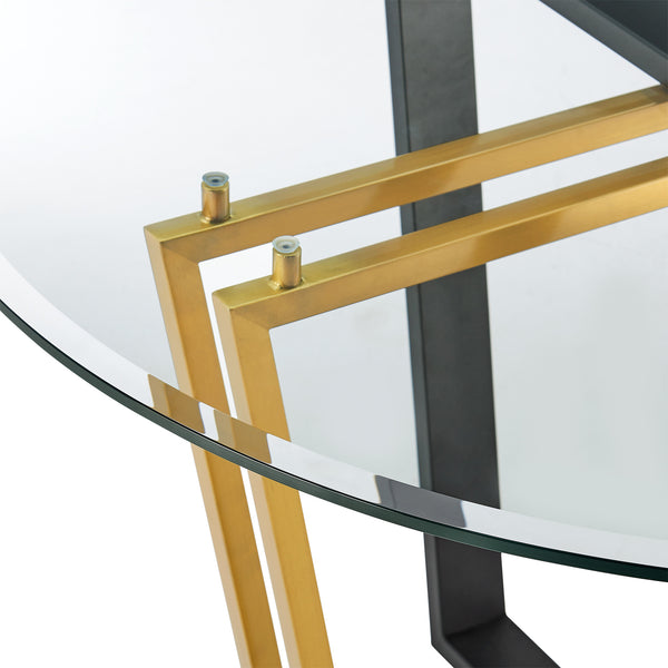 Homeroots 48" Clear And Gold Glass And Iron Sled Base Round Top Dining Table   569432