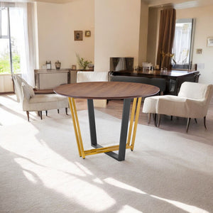 Homeroots 48" Brown And Gold Iron Sled Base Round Top Dining Table   569435