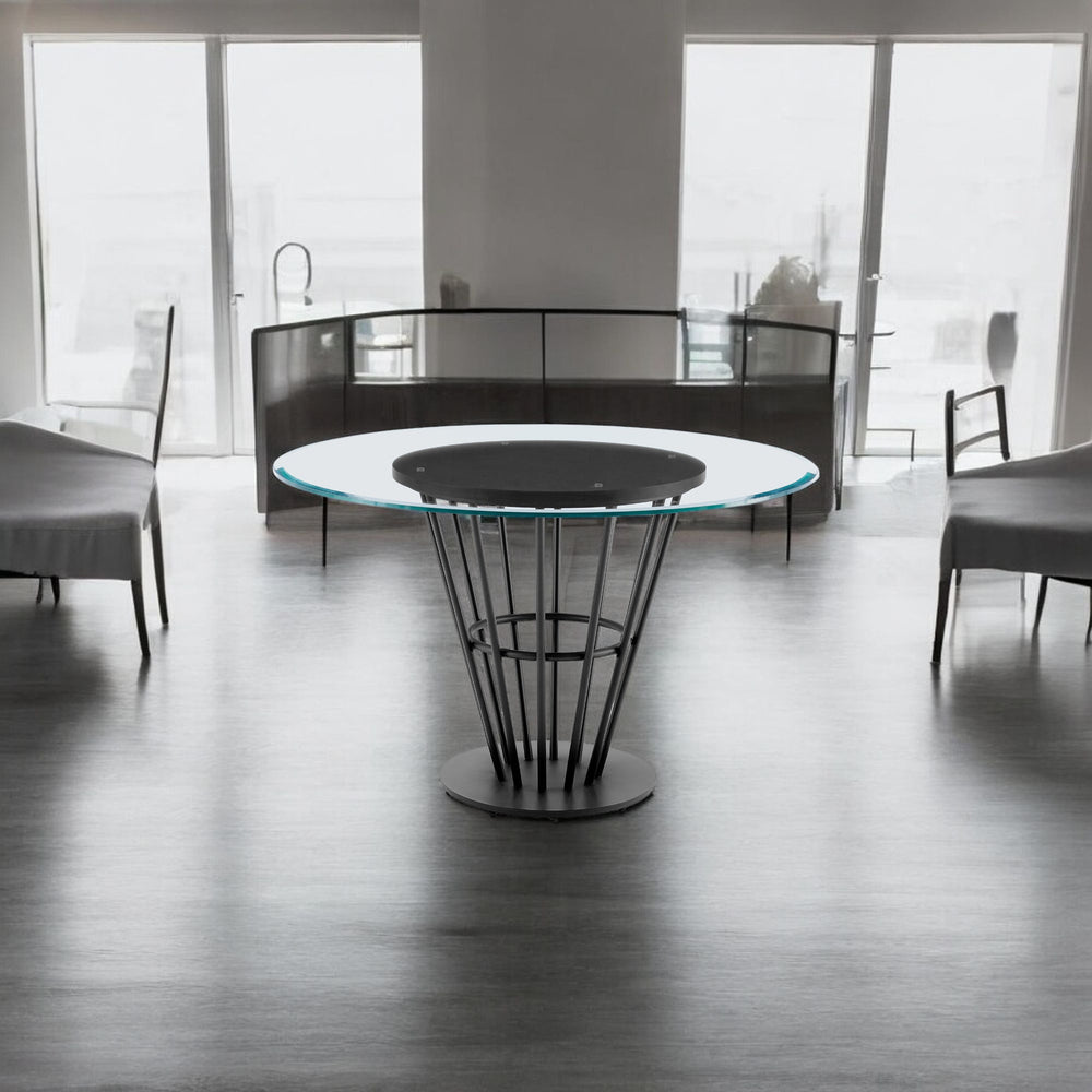 Homeroots 48" Clear And Black Glass And Iron Pedestal Base Round Top Dining Table   569436