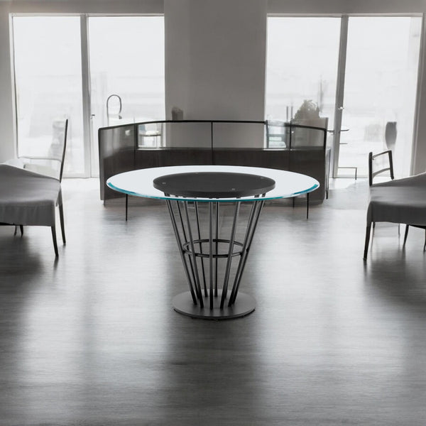 Homeroots 48" Clear And Black Glass And Iron Pedestal Base Round Top Dining Table   569436