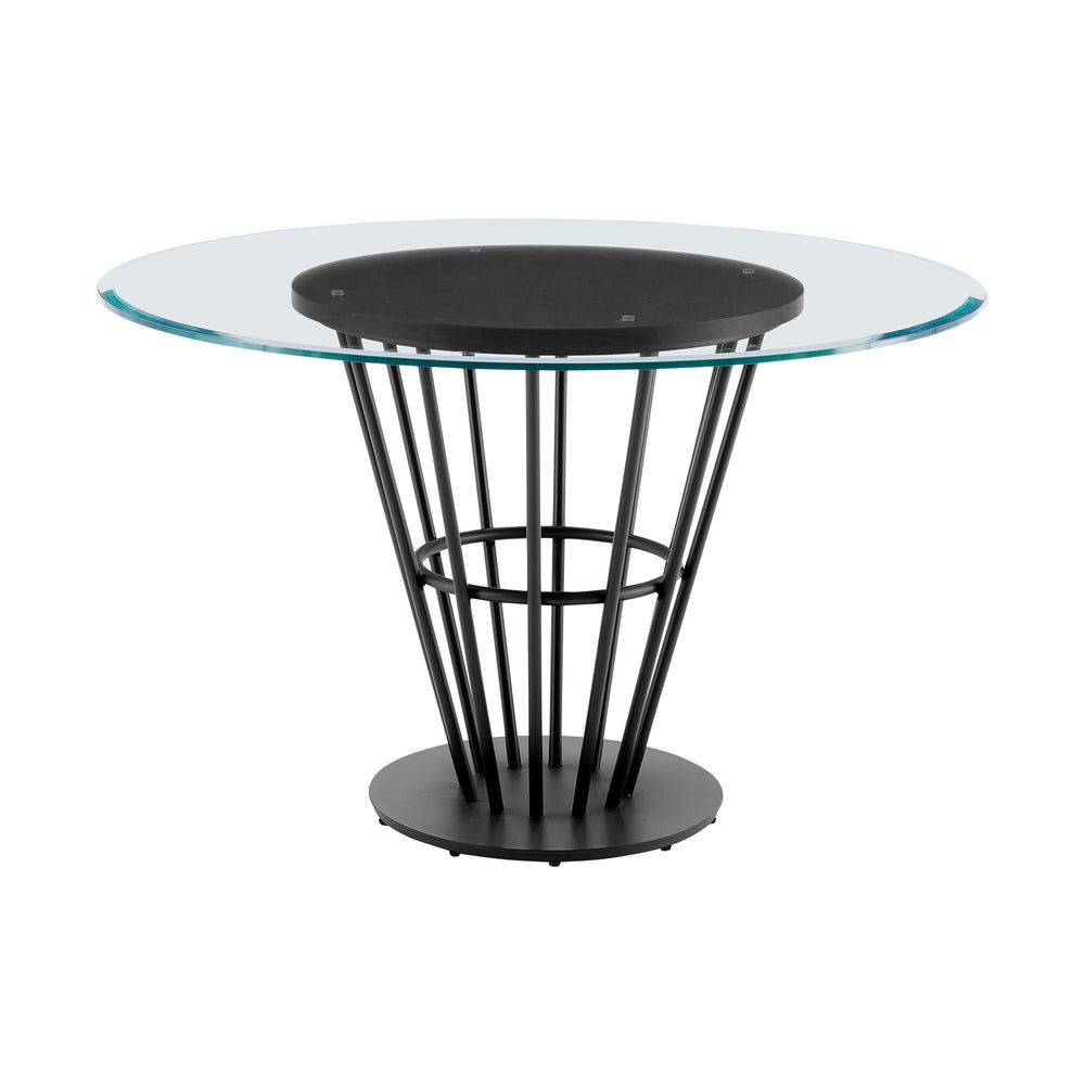 Homeroots 48" Clear And Black Glass And Iron Pedestal Base Round Top Dining Table   569436