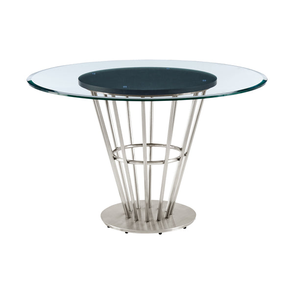 Homeroots 48" Clear And Silver Glass And Stainless Steel Pedestal Base Round Top Dining Table   569437