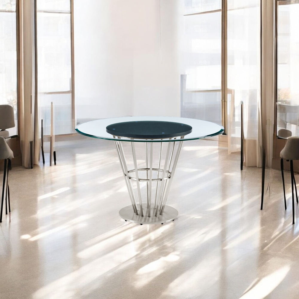 Homeroots 48" Clear And Silver Glass And Stainless Steel Pedestal Base Round Top Dining Table   569437