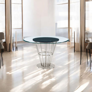 Homeroots 48" Clear And Silver Glass And Stainless Steel Pedestal Base Round Top Dining Table   569437