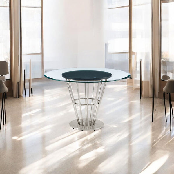 Homeroots 48" Clear And Silver Glass And Stainless Steel Pedestal Base Round Top Dining Table   569437
