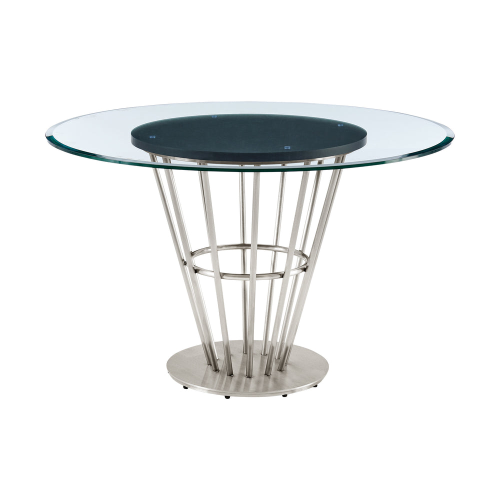 Homeroots 48" Clear And Silver Glass And Stainless Steel Pedestal Base Round Top Dining Table   569437