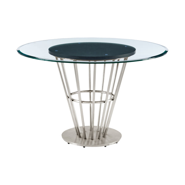 Homeroots 48" Clear And Silver Glass And Stainless Steel Pedestal Base Round Top Dining Table   569437